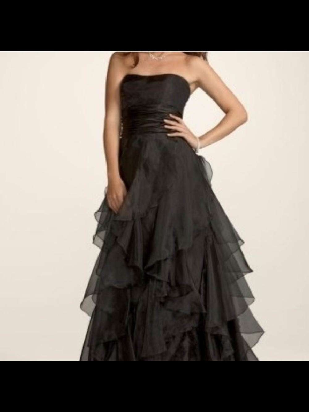 David's Bridal Strapless Black Ruffled A-Line Gown
